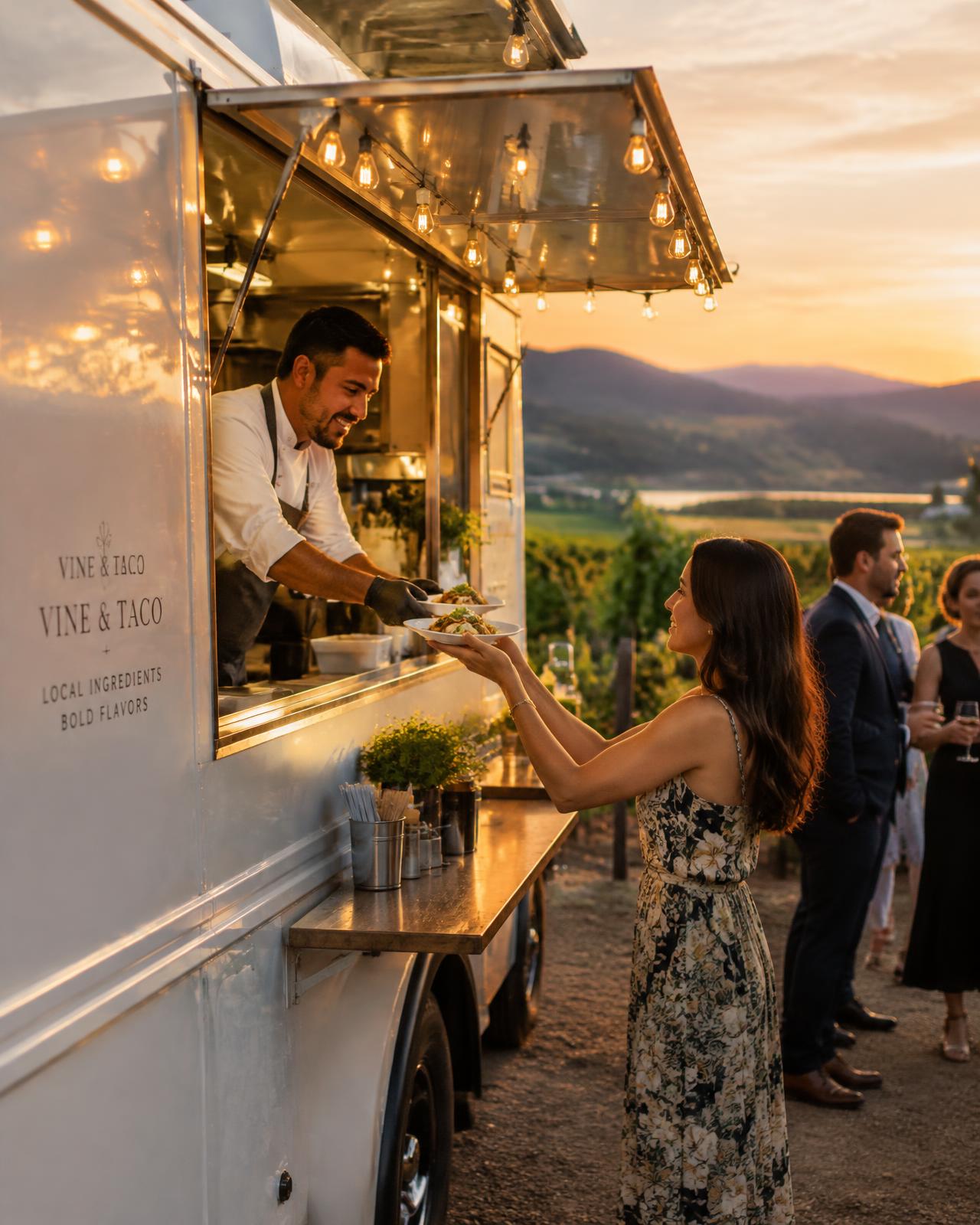 Chef Rudy serving guests from the Pop-in' Bistro food truck at an evening event
